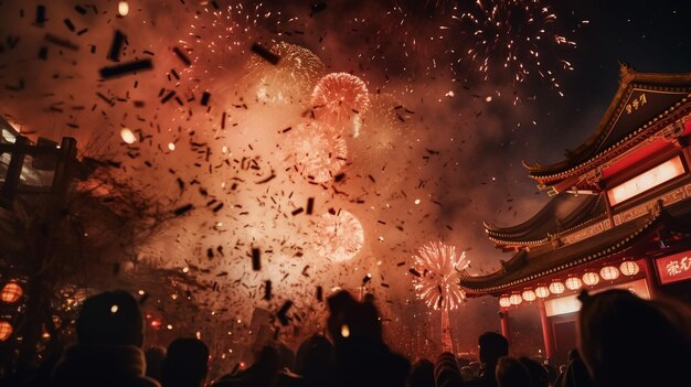 写真 中国の新年ランタンと花火 月の新年祝い 夕暮れの空に赤い紙のランタン