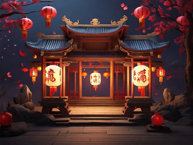 中国の新年ランタンは魅力的な3Dイラストスタイルで生み出されます