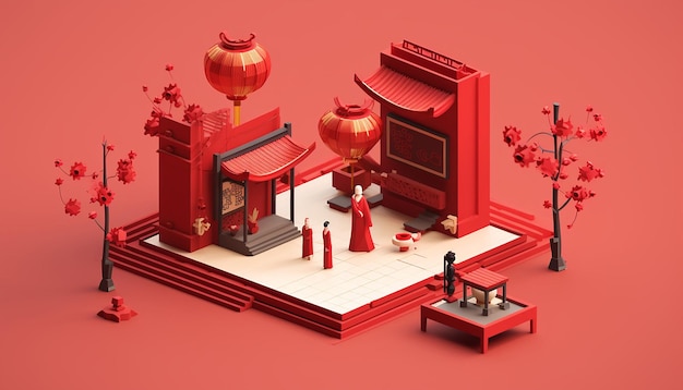 Chinese new year minimalist diorama isometric generated by artificial intelligence