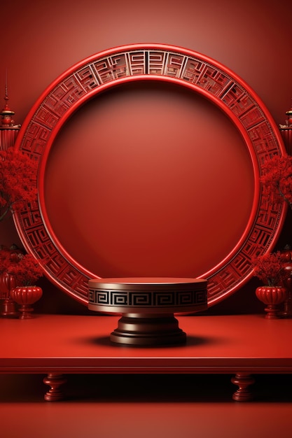 Foto podium di modello per il nuovo anno cinese per la visualizzazione di prodotti su sfondo rosso.