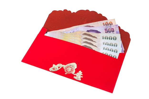 Chinese new year money in red envelopes gift on white background.