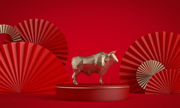 Китайский новый год быка фон красные и золотые украшения d рендеринг