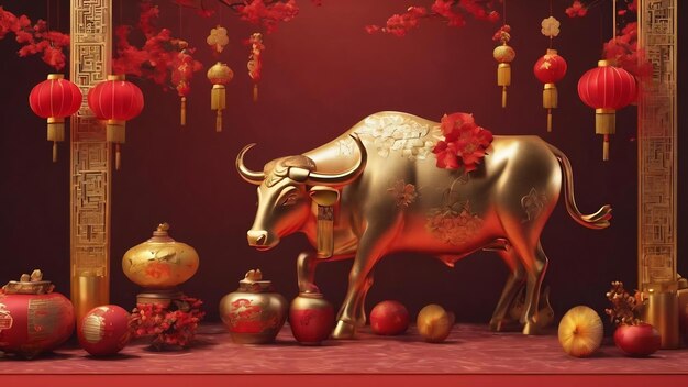 Chinese new year of the ox background red and gold decorations d rendering