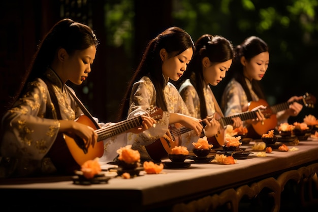 Chinese new year parade with traditional musical instrument performers creating a lively atmosphere