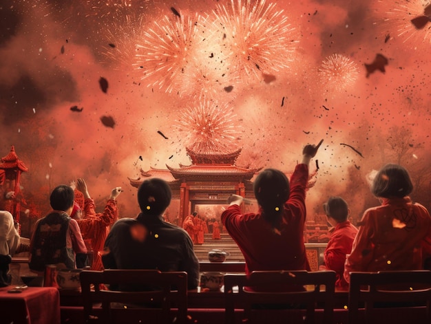 写真 中国の新年を祝う人々が花火を放つ画像を展示 aiが生成した画像