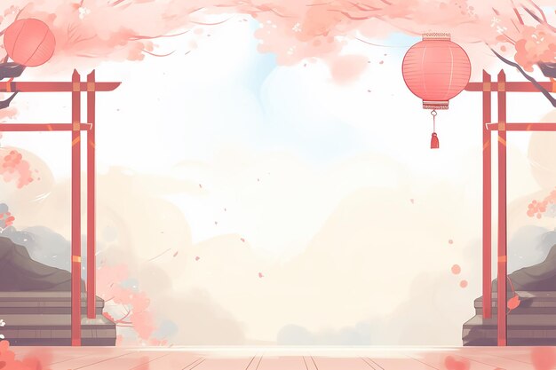 Chinese new year pink pastel sky background with lantern and flower frame