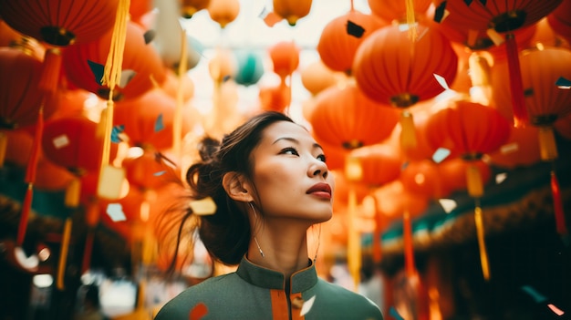 Chinese new year portrait of a woman holiday decorations paper lanterns blurred glowing lights in the background china