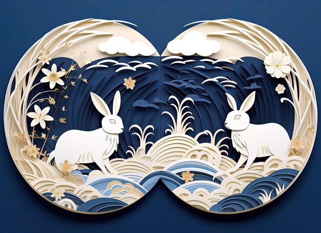 chinese new year rabbit and moon design in the style of romantic moonlit seascapes