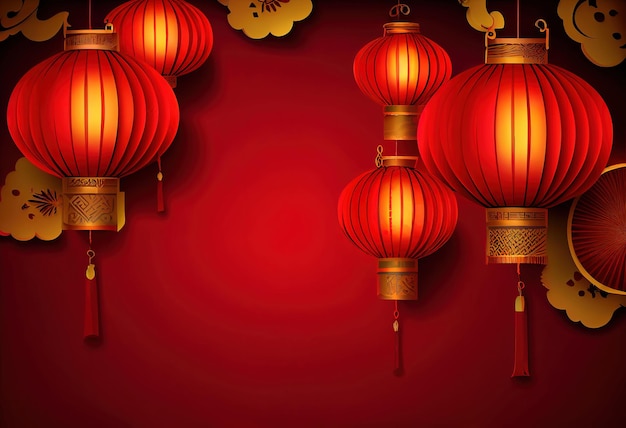 Chinese new year red background with hanging lanterns Generative Ai