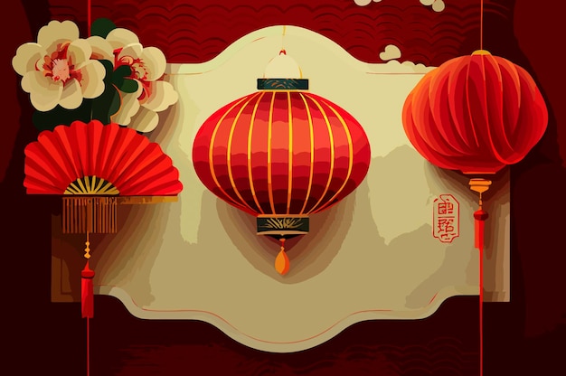 Chinese New Year red background with hanging lanterns