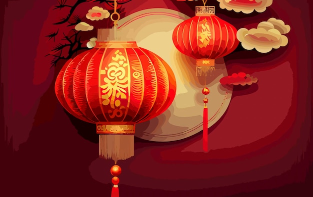 Chinese New Year red background with hanging lanterns