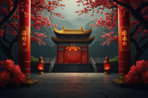 Photo chinese new year red background with hanging lanterns