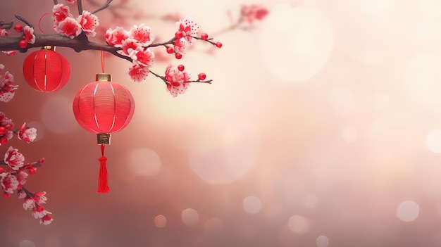 Китайский Новый год на красном фоне с цветком сливы и элементами 3D-фонаря