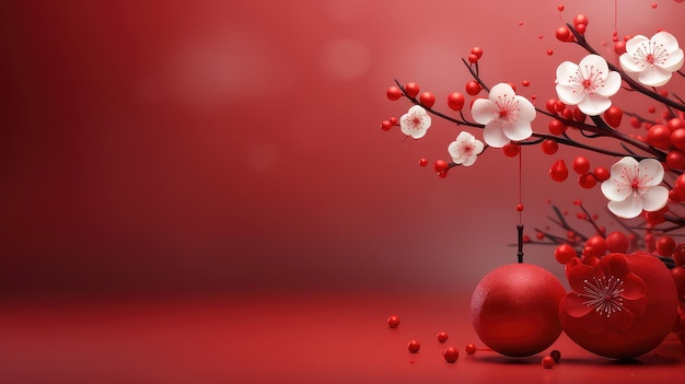 Chinese New Year Red Background with Plum Blossom and 3D Lantern Elements