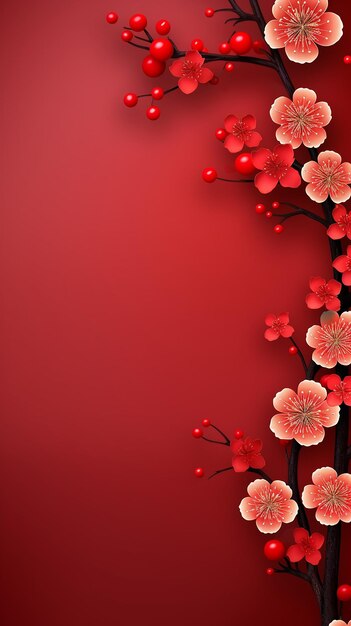 中国の新年 紅色の背景に梅の花がいています