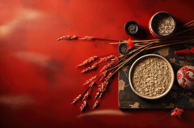 Chinese new year red background with Wheat and sorghum