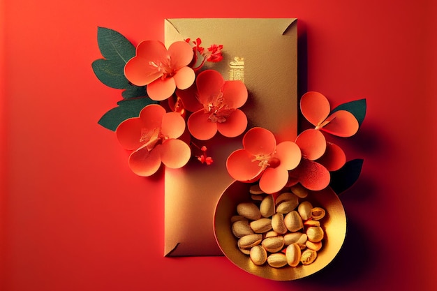 Chinese New Year Red envelopes gold ingots oranges and Chinese blossom flowers on red background