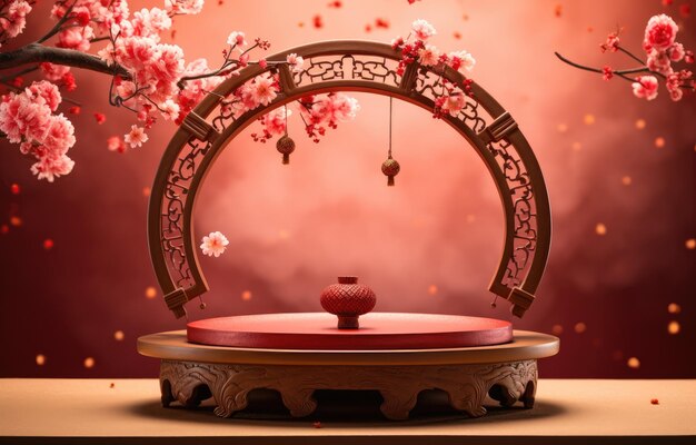 Chinese new year red and golden theme podium scene with 3d oriental festive elements on background for product display