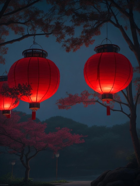 나무 에 매달린 중국 신년 의 은 등불
