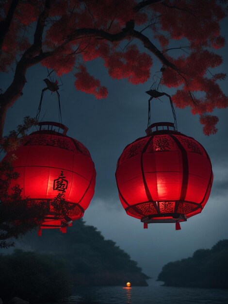 樹木にぶら下がっている中国新年の赤いランタン