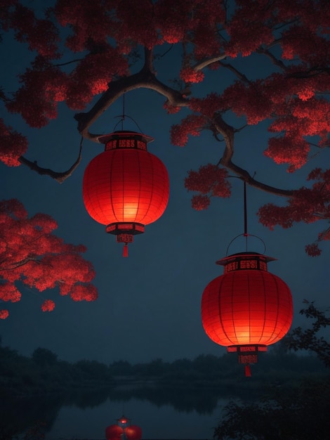 Chinese New Year red lanterns hanging from a tree