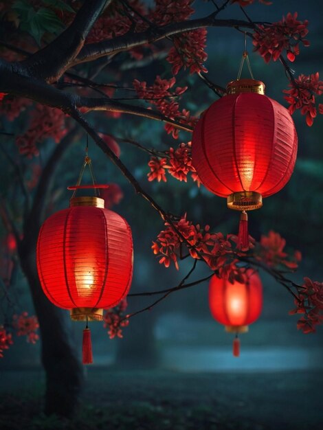 Chinese New Year red lanterns hanging from a tree