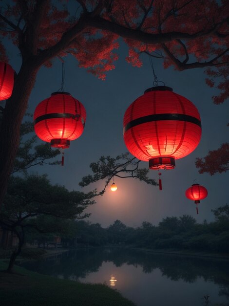 樹木にぶら下がっている中国新年の赤いランタン