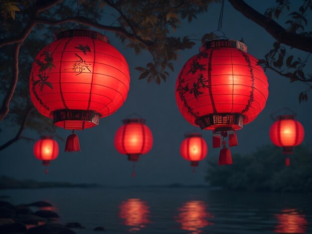 Chinese New Year red lanterns hanging from a tree