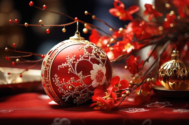 写真 中国の新年 赤い花とボールの赤い飾り壁紙