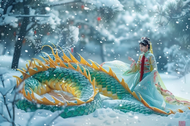 Foto capodanno cinese del serpente o del drago giovane donna asiatica in abiti tradizionali sullo sfondo della neve