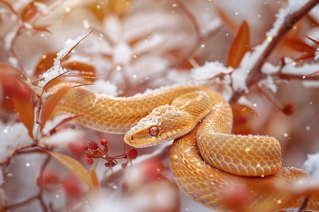 Foto capodanno cinese del serpente sullo sfondo festivo della neve