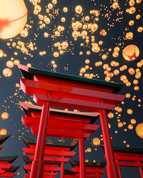 Chinese new year social post background with sky lantern 3d render