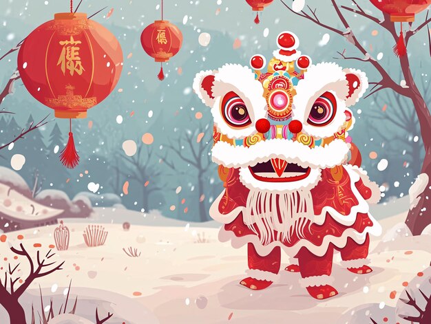 Chinese New Year Spring Festival outdoor hanging lanterns under the snow lion dance background