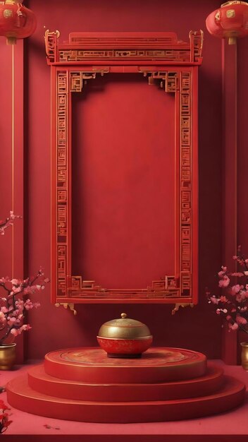 Chinese new year style product podium with red wall