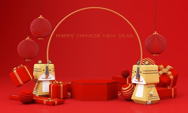 Chinese new year style red and white podium product showcase
with gold and gift, lantern, china pattern scene background. 2022
tiger year holiday traditional festival concept. 3d rendering