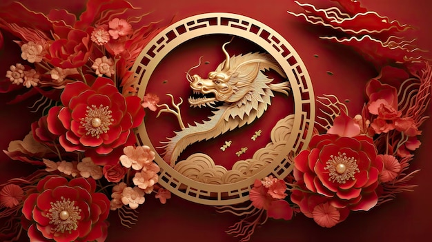 写真 中国の新年テーマの背景はドラゴンサイン典型的な中国のフレーム紙切りアートのスタイルです