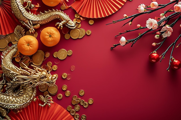 Photo chinese new year theme background with red fans gold coins tangerines cherry blossoms holiday golden branches decor wishes envelopes