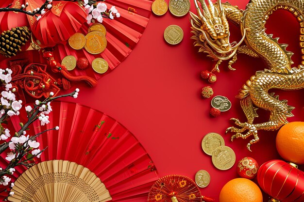 Chinese New Year theme background with Red fans gold coins tangerines cherry blossoms holiday golden branches decor wishes envelopes