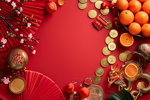 中国の新年テーマの背景 赤いファン 金貨 マンダリン チェリーの花 休日 金色の枝 装飾 願い封筒