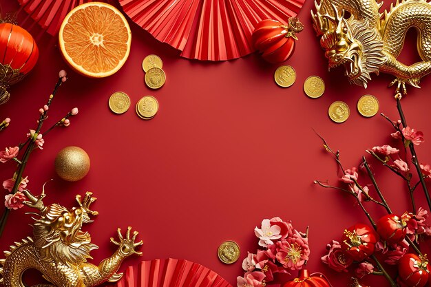 中国の新年テーマの背景 赤いファン 金貨 マンダリン チェリーの花 休日 金色の枝 装飾 願い封筒