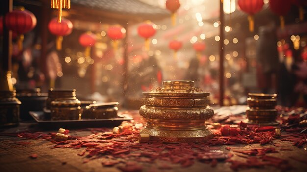 Chinese New Year traditional composition with red lanterns and golden decoration Lunar New Year