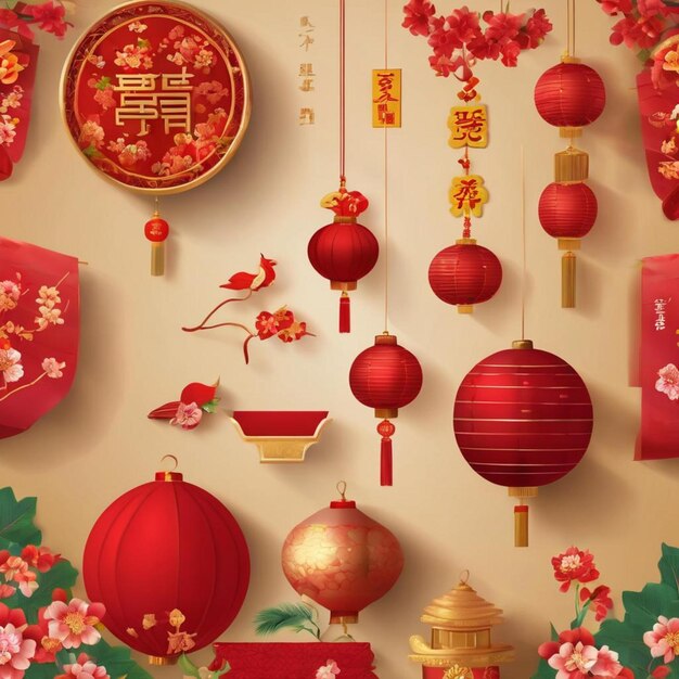 Фото Китайский новый год вектор красный набор элементов дизайна