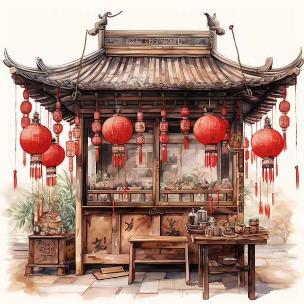 Chinese New Year Watercolor Illustration Vibrant Chinese Style Objects and Decorations On White BG