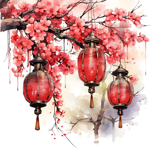 Photo chinese new year watercolor illustration vibrant chinese style objects and decorations on white bg