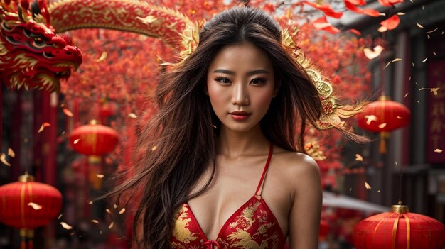 Chinese New Year with beautiful asian girl in traditional suit generative ai