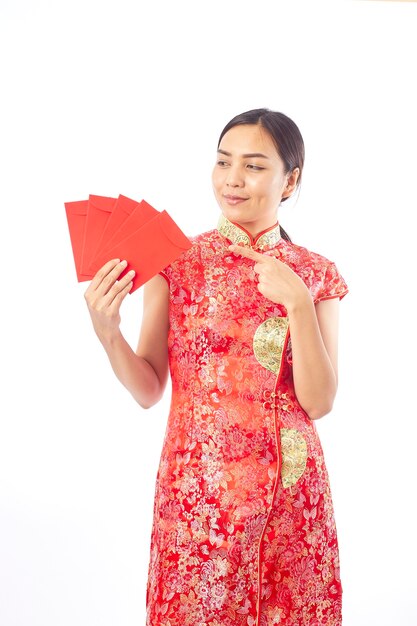 chinese new year woman holding red envelope