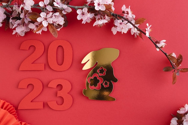 Chinese New Year year of the rabbit Red background with golden rabbit and cut paper decoration Copy space