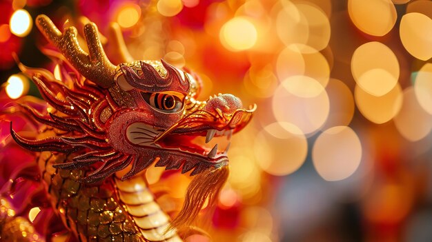 Chinese new years dragon silhouetted against a festive bokeh backdrop copy space generative ai