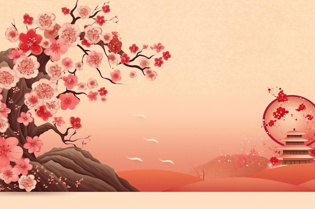Chinese nieuwe jaarachtergrond met traditionele lantaarns, sakurabloemen en kopieerruimte Maannieuw jaar