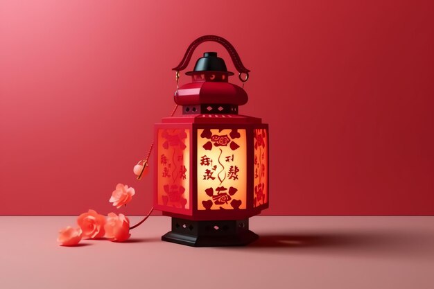 Chinese nieuwe jaarachtergrond met traditionele lantaarns, sakurabloemen en kopieerruimte Maannieuw jaar